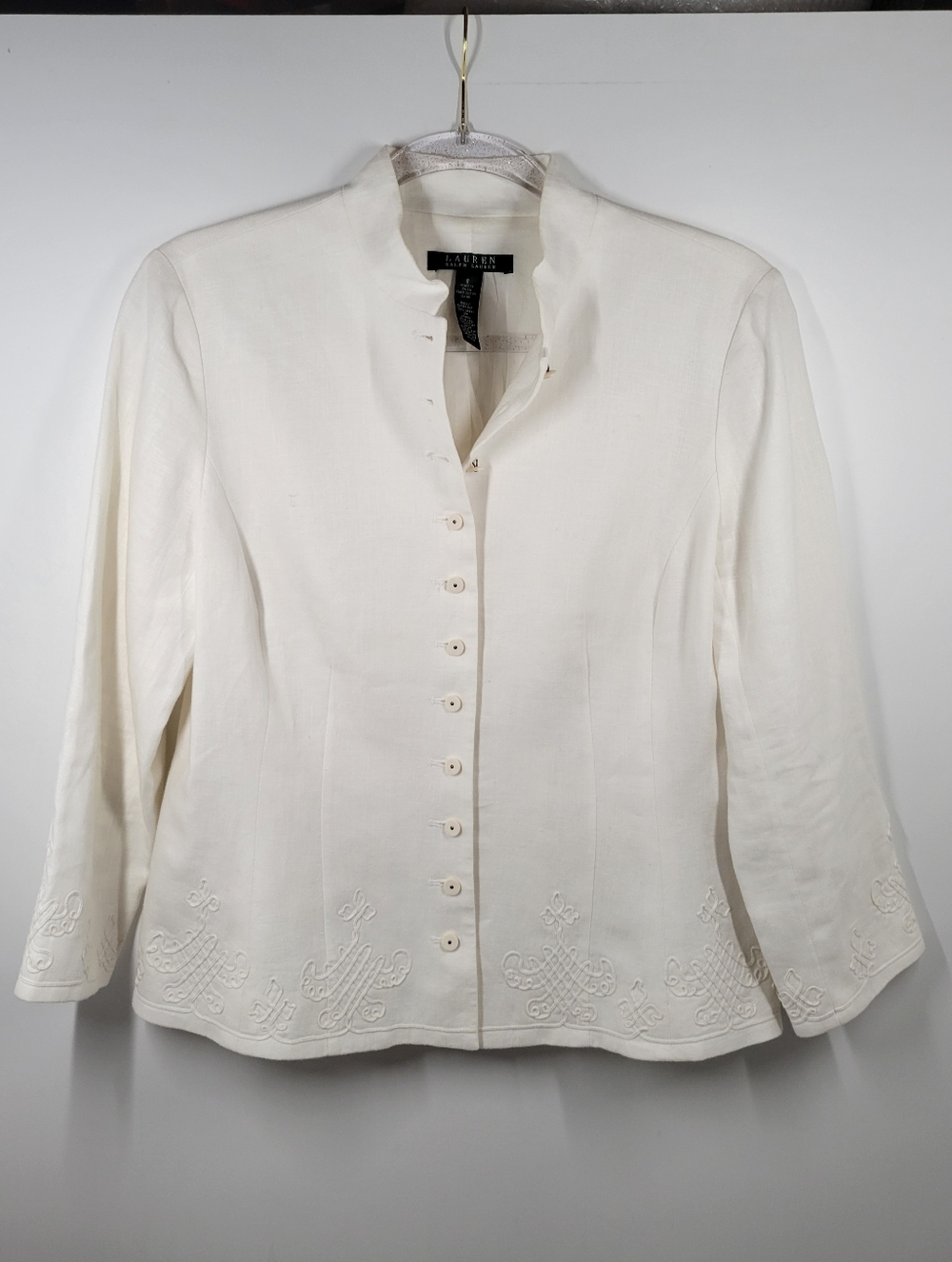 Lauren Ralph Lauren White 100% Linen Mock Neck Button Blazer Jacket Women Sz 8